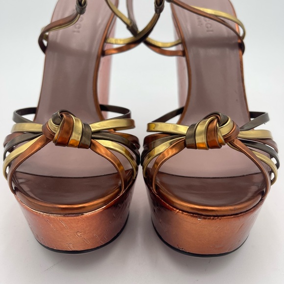 Gucci Metallic Gold & Bronze Strappy Wedge Sandals - Picture 3 of 9